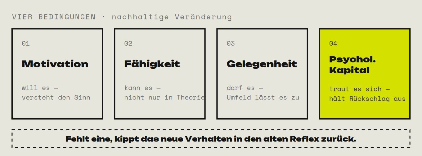 Vier nebeneinanderliegende Felder: Motivation, will es; Fähigkeit, kann es; Gelegenheit, darf es; psychologisches Kapital, traut es sich zu; darunter der Hinweis, dass das Verhalten ohne eine davon in den alten Reflex zurückkippt