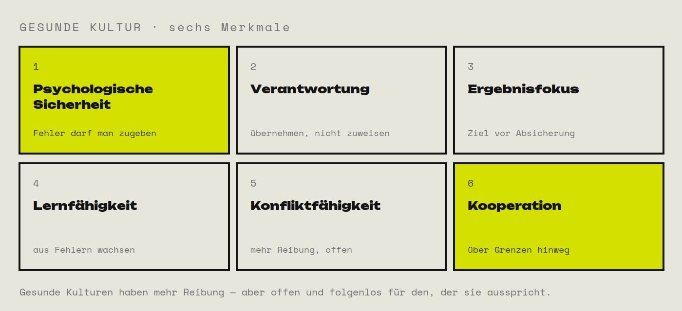 Sechs Felder in zwei Reihen: psychologische Sicherheit, Verantwortung, Ergebnisfokus; Lernfähigkeit, Konfliktfähigkeit, Kooperation; darunter der Hinweis, dass gesunde Kulturen mehr Reibung haben, offen und folgenlos für den, der sie ausspricht