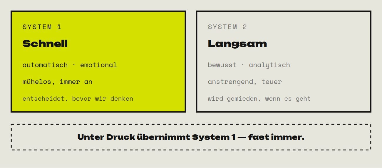 Zwei Kästen nebeneinander, links System 1, schnell, automatisch, emotional, entscheidet, bevor wir denken; rechts System 2, langsam, bewusst, analytisch, anstrengend und teuer