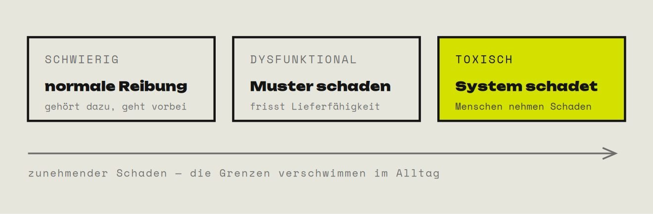 Drei Kästen nebeneinander, schwierig mit normaler Reibung, die dazugehört und vorbeigeht; dysfunktional, Muster schaden und fressen Lieferfähigkeit; toxisch, in Lemon hervorgehoben, das System schadet und Menschen nehmen Schaden; darunter ein Pfeil für zunehmenden Schaden, dessen Grenzen im Alltag verschwimmen